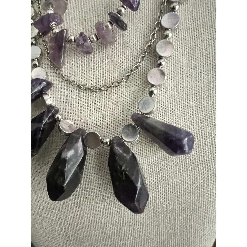 Genuine Amethyst Triple Layer Statement Necklace And Earrings Set 19